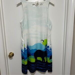 NWT Crown & Ivy Elephant Dress Women’s 12 with Pockets and Bow Blue Green White